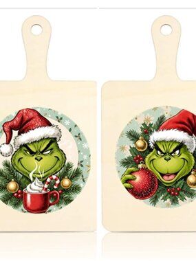 Decorative Set 2 Grinch Hanging Wood Cutting Boards 9" x 5.5"